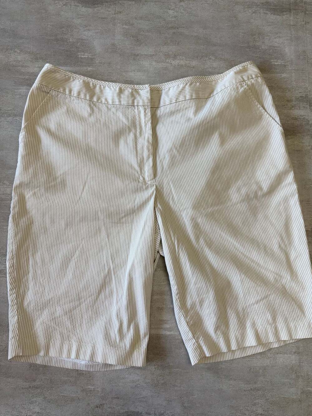 Chico's Tan & White Micro Striped Bermuda Seersucker Shorts Size 3
